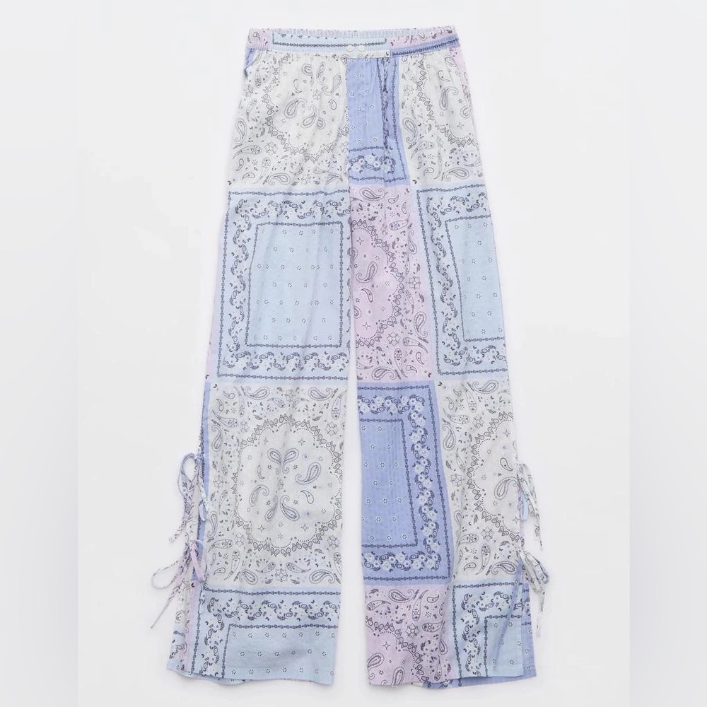 Aerie Seersucker Side Tie Pajama Pants Blue Patchwork Bandana Size Medium